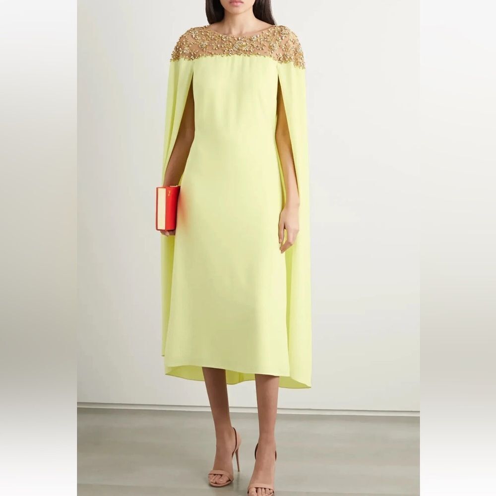 Marchesa Notte Yellow cape dress midi Gold Embellishments tulle evening $1700 4